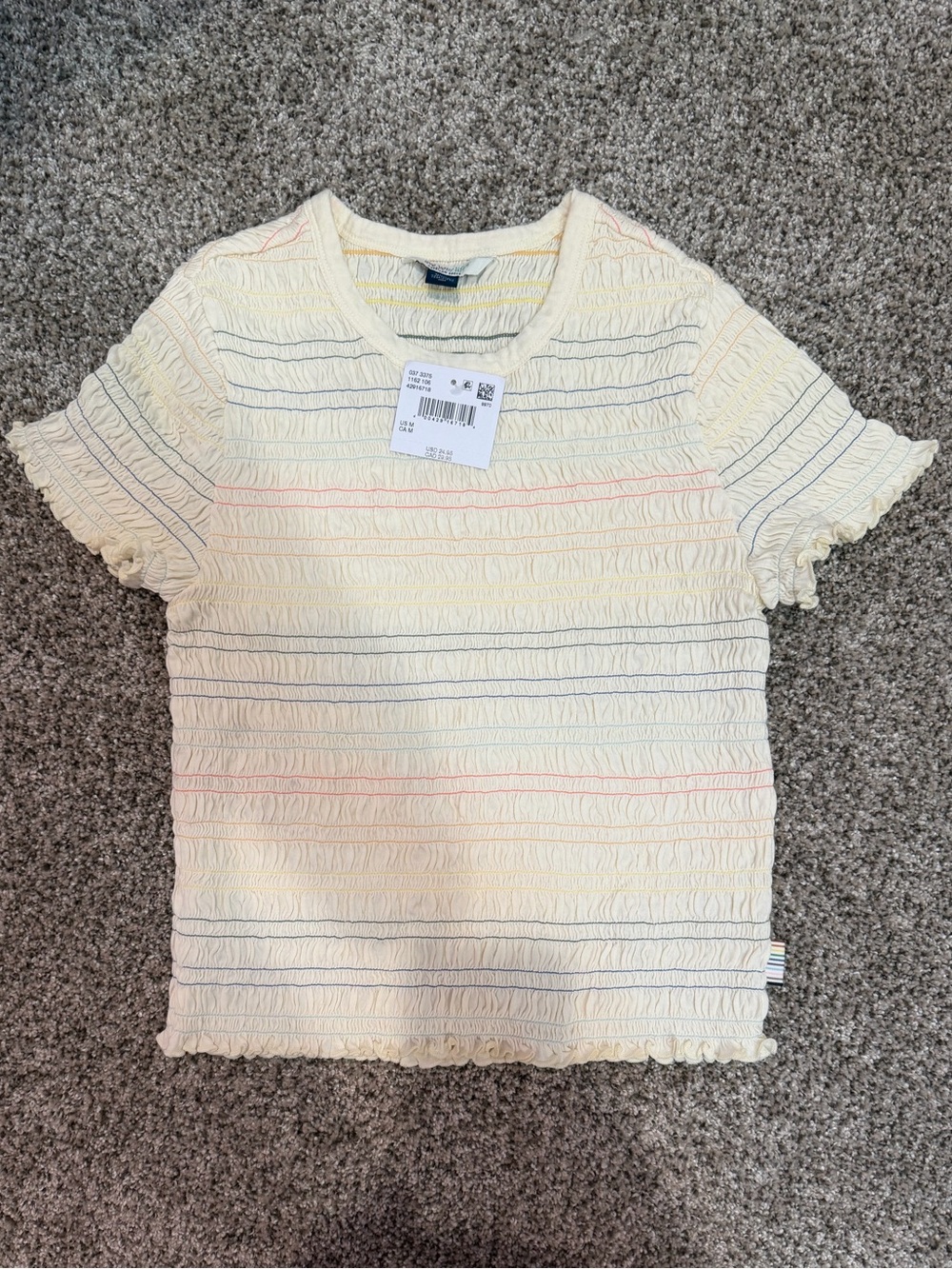 American Eagle Cream Textured Short-Sleeve Top with Subtle Stripes